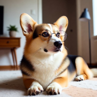 Corgi wearing glasses indoors