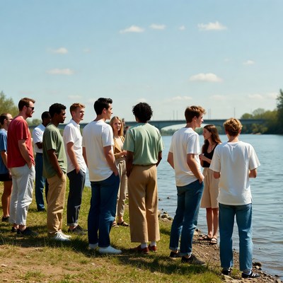 Diverse group standing by river
