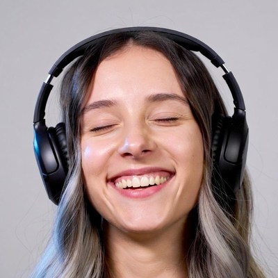 Smiling woman wearing headphones