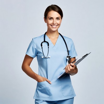 Smiling nurse holding stethoscope clipboard