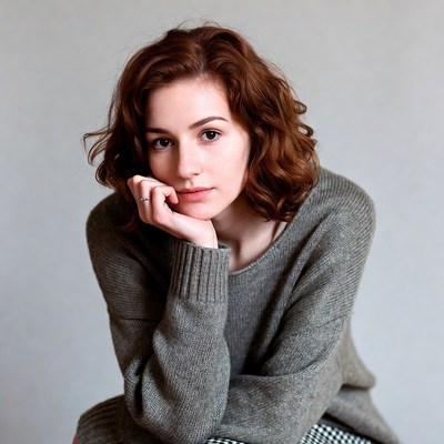 Redhead woman resting chin on hand