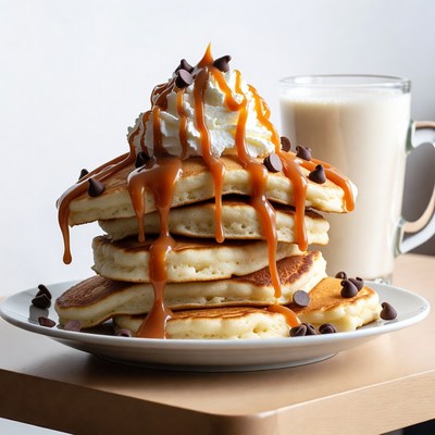 Pancake Stack with Caramel and Whipped Cream