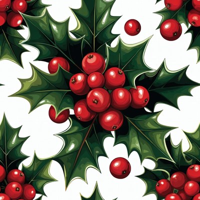 Holly Leaves and Berries Seamless Pattern