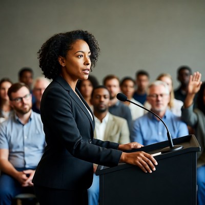 African-American woman speaking at podium
