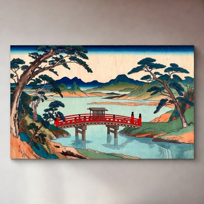 Red Pagoda Bridge in Japanese Landscape