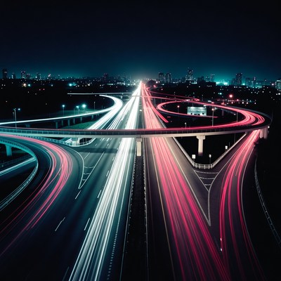 Night Highway Interchange Light Trails
