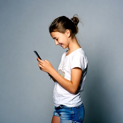 Girl smiling while using smartphone