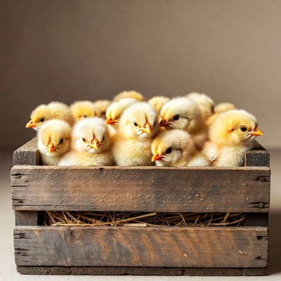 Baby Chickens in Wooden Crate