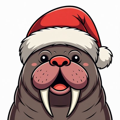 Cartoon Walrus Wearing Santa Hat