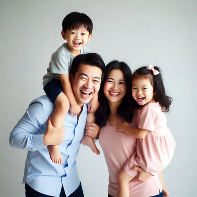 Happy Asian family with kids smiling