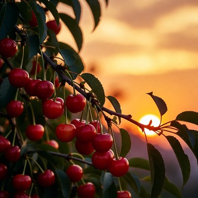 Ripe Cherries on Tree at Sunset