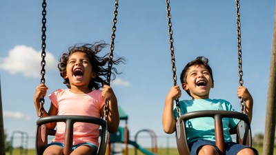Latino boy and girl swinging