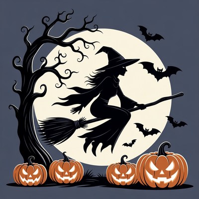 Silhouette Witch Flying on Broomstick Halloween
