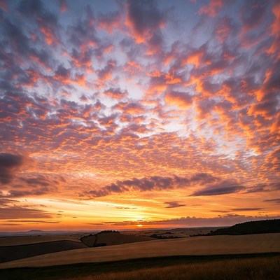 Vibrant Sunset Over Rolling Farmlands