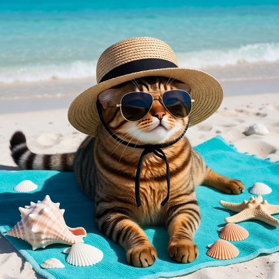 Cat Wearing Hat and Sunglasses on Beach