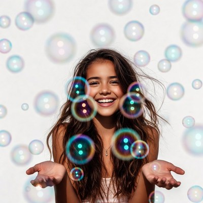 Girl smiling with floating bubbles