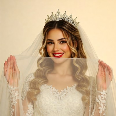 Bride holding veil with tiara