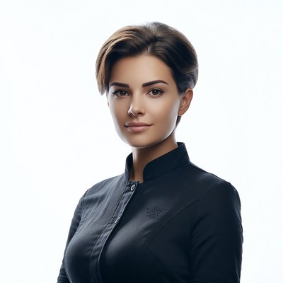 Woman with short hair in black jacket
