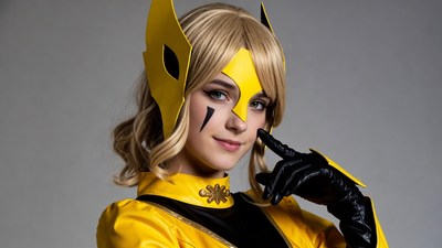 Blonde woman in yellow cosplay costume