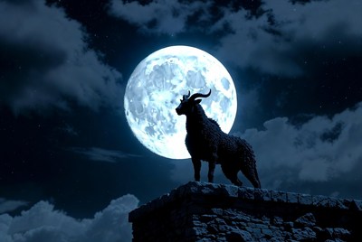 Black Goat Silhouette on Moonlit Rooftop