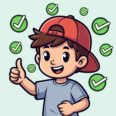 Cartoon boy giving thumbs up with checkmarks