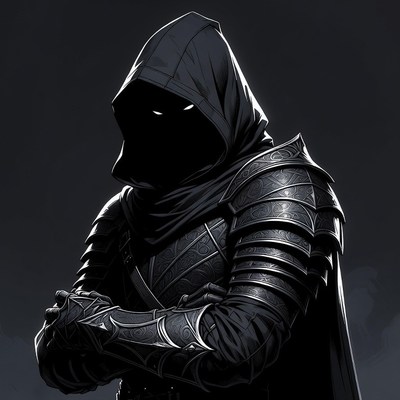 Armored hooded man arms crossed