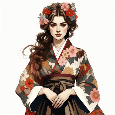 Woman in floral kimono with flower crown