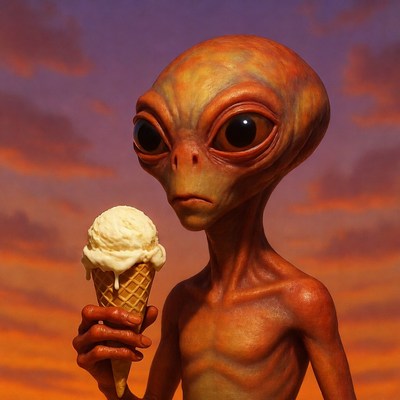 Alien holding vanilla ice cream cone