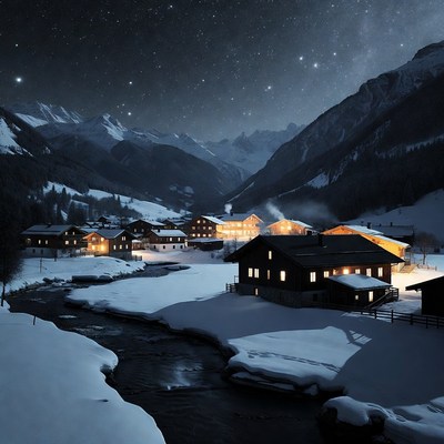 Snowy Alpine Village Under Starry Sky