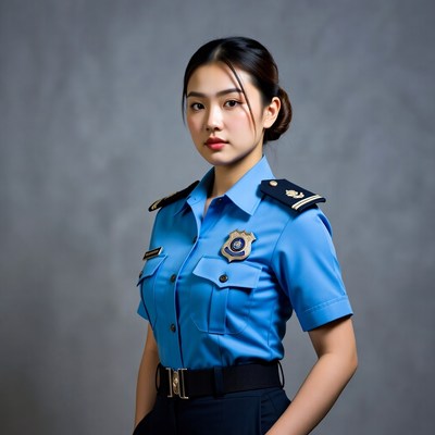 Asian woman in blue police uniform