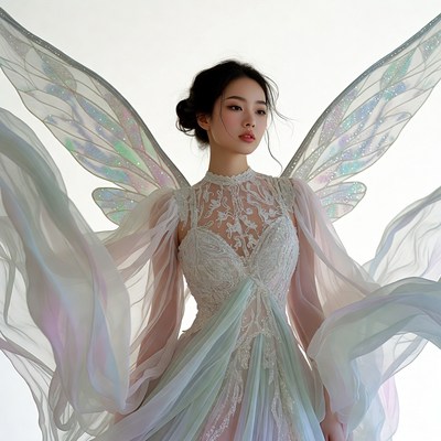 Asian woman with iridescent fairy wings