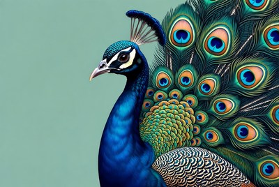 Peacock with vibrant tail feathers