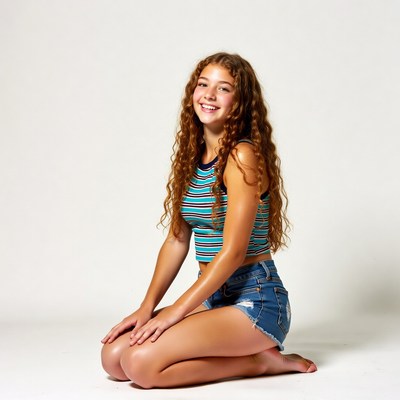 Teen girl kneeling in striped top shorts