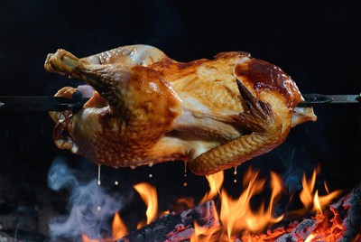 Roasted Chicken on Spit over Fire