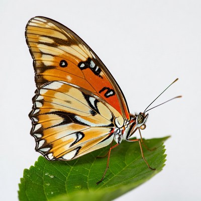 Orange butterfly on green leaf