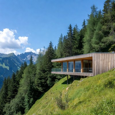 Modern Wooden House on Mountain Cliff