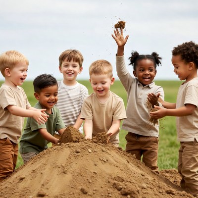 Diverse children playing with dirt mound