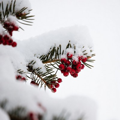 Snowy pine branch with red berries
