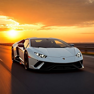 White Lamborghini Driving at Sunset