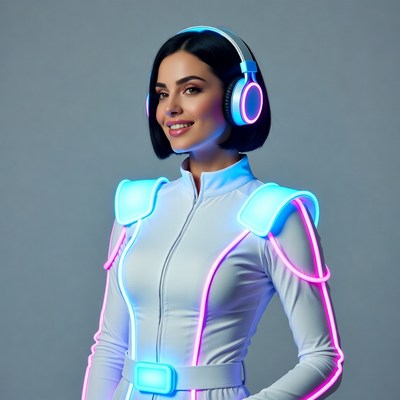 Woman in neon glowing futuristic suit