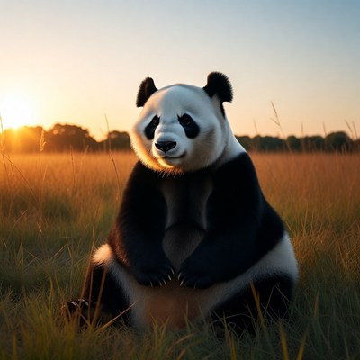 Panda sitting in sunset grass field
