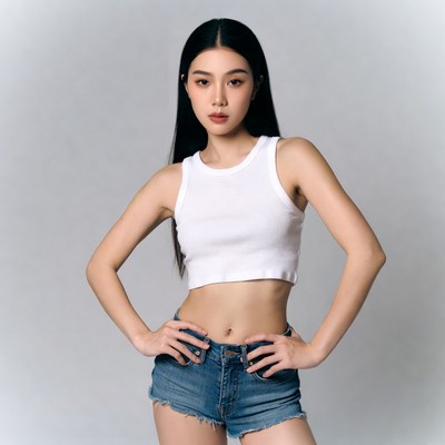 Asian woman in white tank top and denim shorts