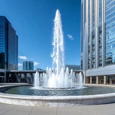Fountain spraying in urban plaza