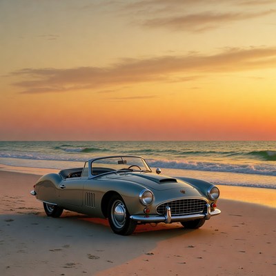 Classic Silver Convertible on Beach