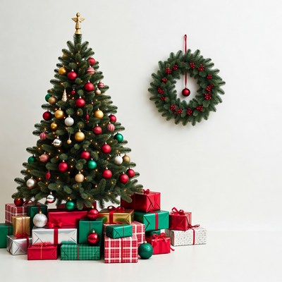 Christmas Tree with Gifts and Wreath