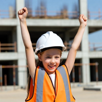 Girl in hard hat raising arms at construction site