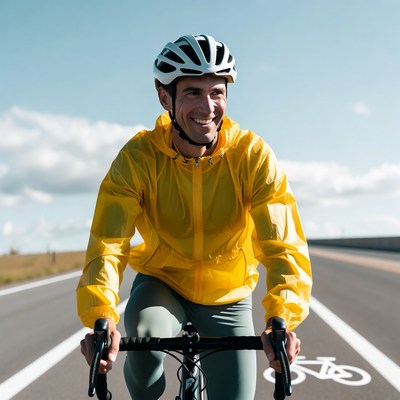 Man cycling in yellow rain jacket