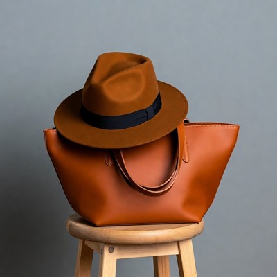 Brown Fedora Hat on Leather Tote Bag