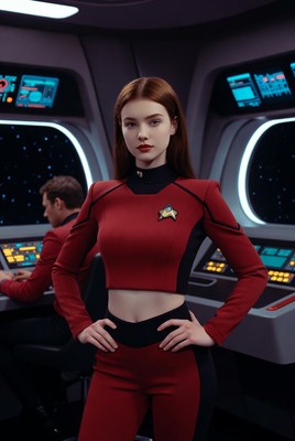 Redhead woman in Star Trek uniform