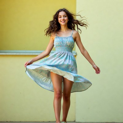 Girl twirling blue dress against yellow wall